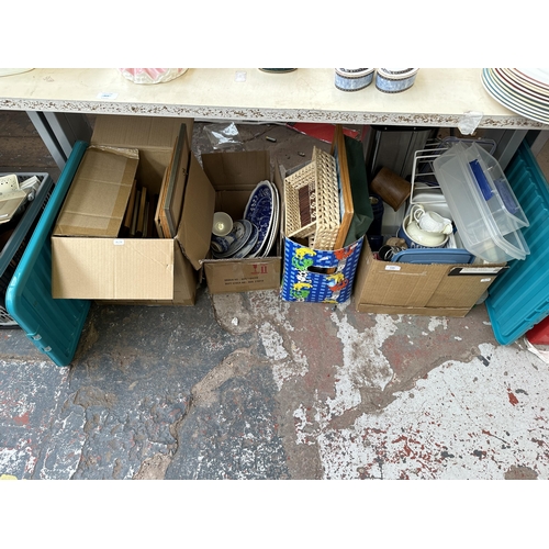 1037 - Four boxes containing framed pictures, Copeland Spodes Tower blue and white ceramic plates, kitchenw... 