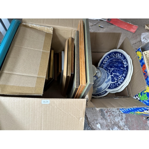 1037 - Four boxes containing framed pictures, Copeland Spodes Tower blue and white ceramic plates, kitchenw... 