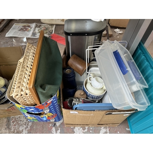 1037 - Four boxes containing framed pictures, Copeland Spodes Tower blue and white ceramic plates, kitchenw... 