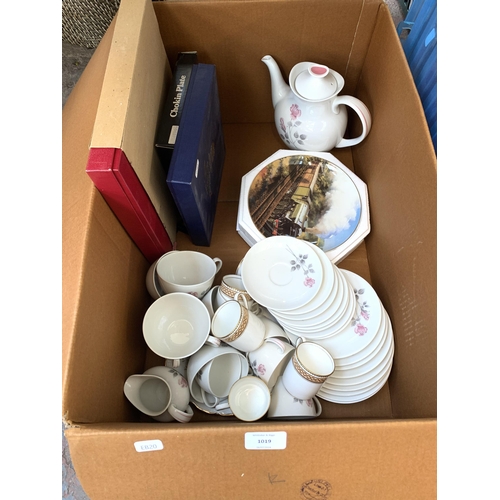 1019 - A box containing Royal Doulton ceramics, Royal Worcester collectors plates, cutlery canteen etc.