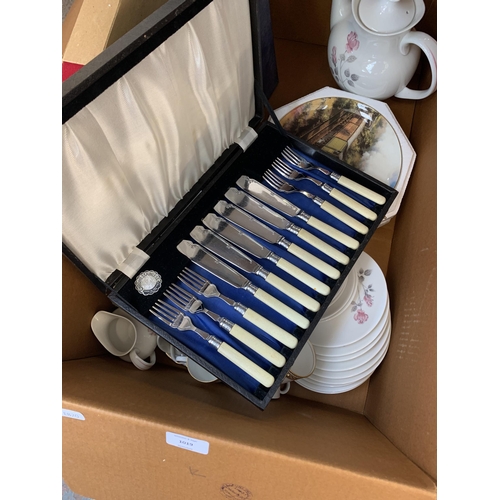 1019 - A box containing Royal Doulton ceramics, Royal Worcester collectors plates, cutlery canteen etc.