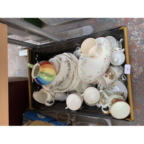 1024 - Three boxes containing Royal Albert Old Country Roses ceramics, toaster, projector screen etc.