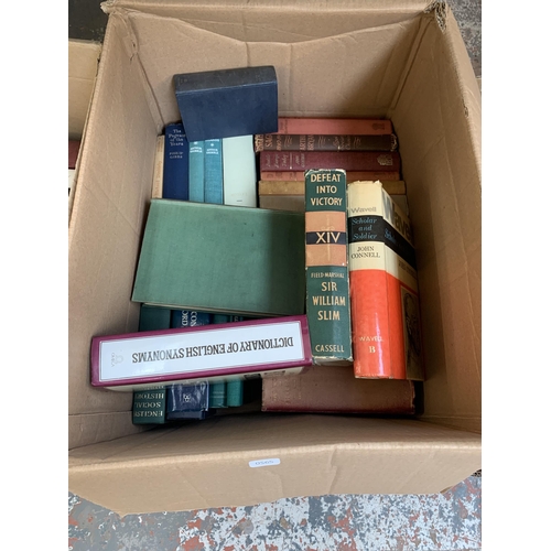 1026 - Four boxes containing books to include authors such as Elizabeth Goudge, William Slim, J. Bronowski ... 