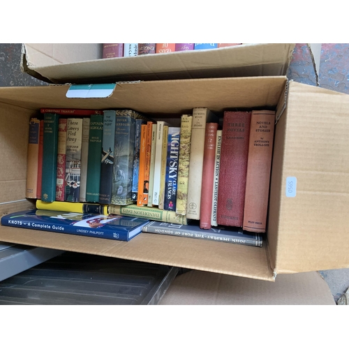 1026 - Four boxes containing books to include authors such as Elizabeth Goudge, William Slim, J. Bronowski ... 