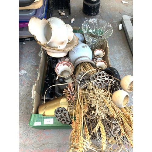 1030 - A box containing glassware, Masons ceramics, Ironstone jug etc.