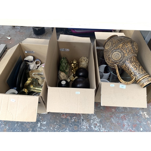 1033 - Three boxes containing glassware, Jasba ceramic jug, studio glass, metalware etc.