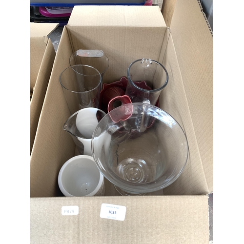 1033 - Three boxes containing glassware, Jasba ceramic jug, studio glass, metalware etc.