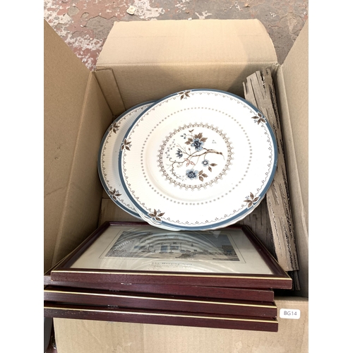 1035 - A box containing Royal Albert ceramics, Royal Doulton plate and four Macclesfield silk pictures