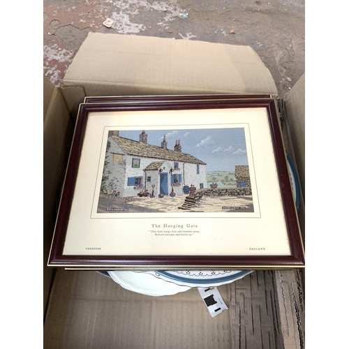 1035 - A box containing Royal Albert ceramics, Royal Doulton plate and four Macclesfield silk pictures