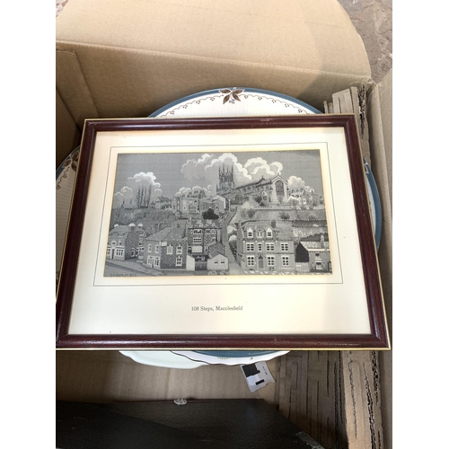 1035 - A box containing Royal Albert ceramics, Royal Doulton plate and four Macclesfield silk pictures