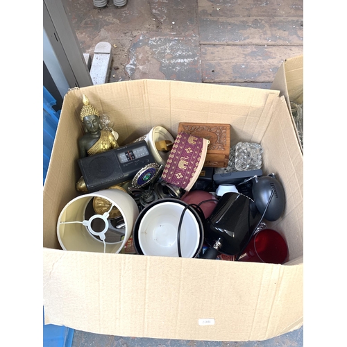 1038 - Three boxes containing lightbulbs, glassware, Coalport ceramics etc.