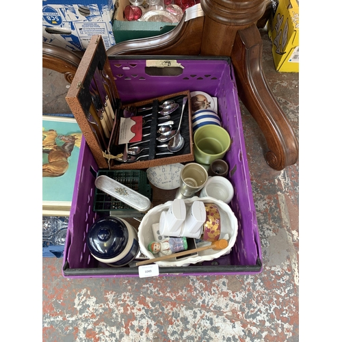 1049 - A collection of house clearance items to include glassware, canteen of cutlery, books etc.