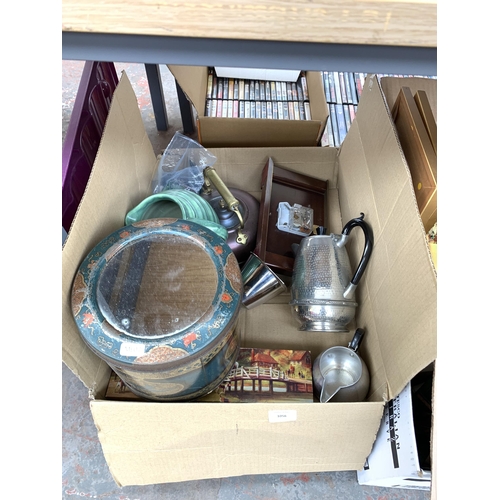 1056 - Five boxes containing Carlton Ware jug, mid 20th century glassware, pewter serving set etc.