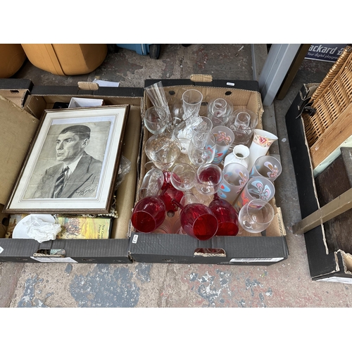 1000 - Eight boxes containing demijohns, antique rolled gold glasses, costume jewellery, books, framed penc... 