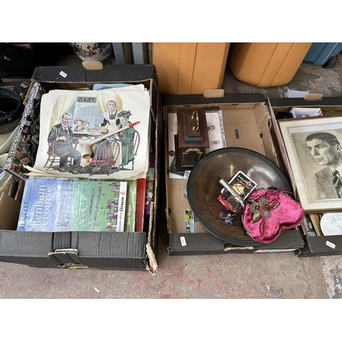 1000 - Eight boxes containing demijohns, antique rolled gold glasses, costume jewellery, books, framed penc... 