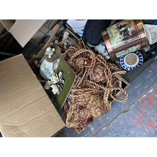 1002 - Four boxes containing Oriental style ginger jar, glassware, framed pictures etc.