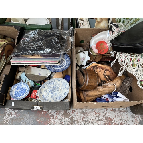 1004 - Three boxes and three suitcases containing mid 20th century oak cased Westminster chime mantle clock... 