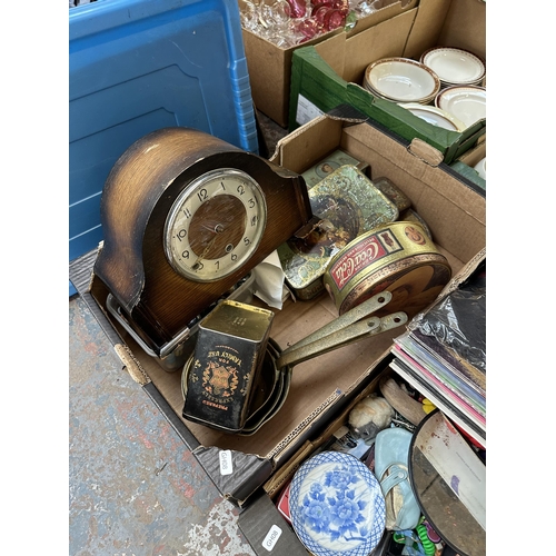 1004 - Three boxes and three suitcases containing mid 20th century oak cased Westminster chime mantle clock... 