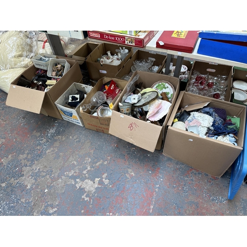 1005 - Five boxes containing glassware, Royal Doulton Sweet Anne figurine, metalware, rubber sharks etc.