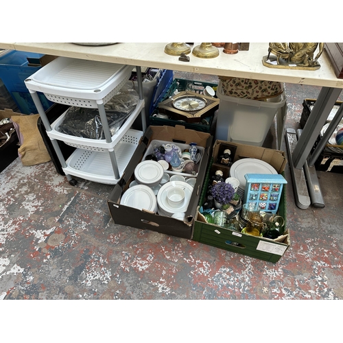 1008 - Two boxes and one trolley containing studio glass, glass jars, ceramics etc.