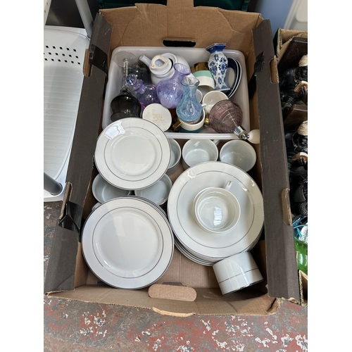 1008 - Two boxes and one trolley containing studio glass, glass jars, ceramics etc.