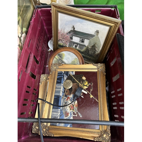 1012 - Three boxes containing framed pictures, Laura Ashley ceramics, Black Ryden hand painted bud vase etc... 