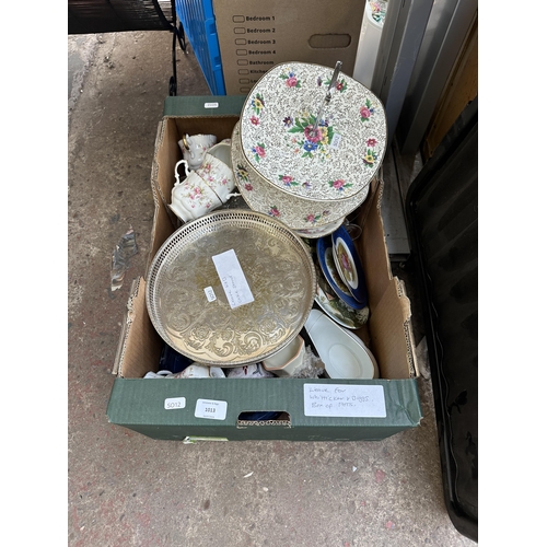 1013 - A box containing Paragon Victorian Rose ceramics, glassware, Midwinter two tier cake stand etc.