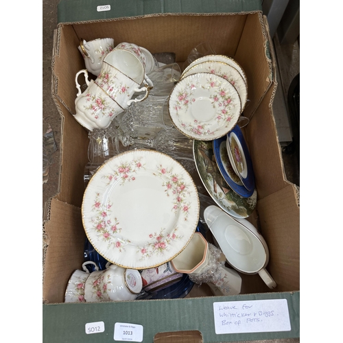 1013 - A box containing Paragon Victorian Rose ceramics, glassware, Midwinter two tier cake stand etc.