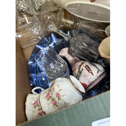 1013 - A box containing Paragon Victorian Rose ceramics, glassware, Midwinter two tier cake stand etc.