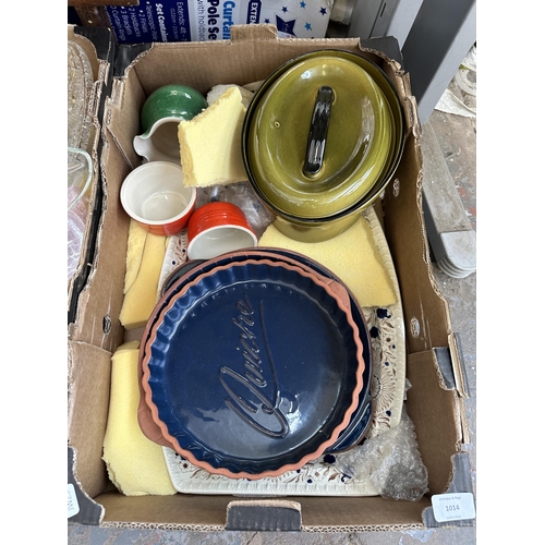 1014 - Two boxes containing Rayware quiche dishes, glassware, T.G. Green Ltd casserole dish etc.