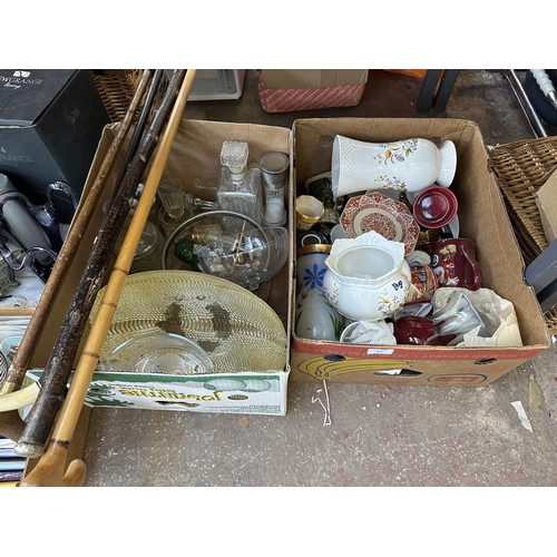 989 - Seven boxes containing Ainsley Cottage Garden planter and vase, German ceramic jug, glassware, vinta... 