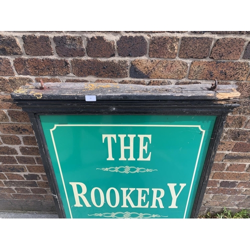 80 - An aluminium and black painted wooden 'The Rookery Tavern' double sided wall hanging pub advertising... 