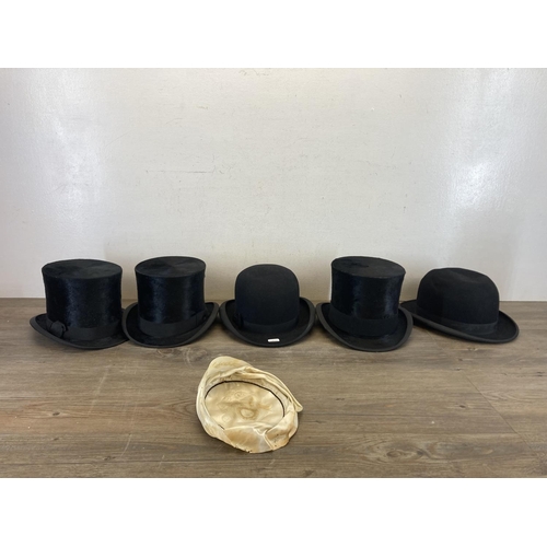 2120 - Five early 20th century hats, one F.W Knowles top hat, Christys' of London top hat, J.R. Plimbley, C... 