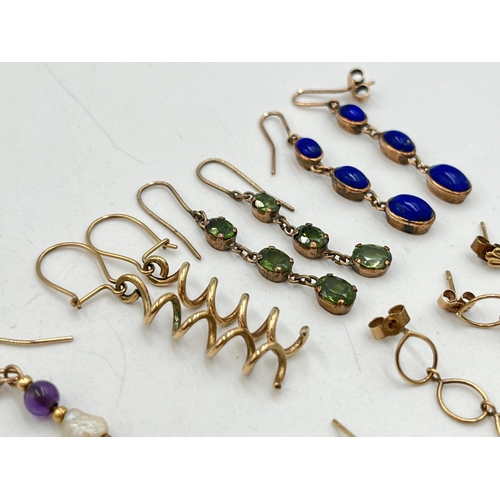 2008 - A collection of 9ct gold and unmarked yellow metal earrings to include lapis lazuli, peridot, amethy... 