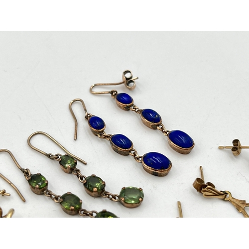 2008 - A collection of 9ct gold and unmarked yellow metal earrings to include lapis lazuli, peridot, amethy... 