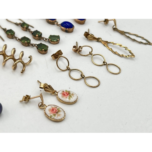 2008 - A collection of 9ct gold and unmarked yellow metal earrings to include lapis lazuli, peridot, amethy... 