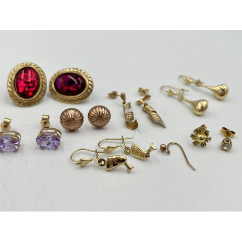 2022 - A collection of 9ct and yellow metal earrings to include 9ct gold pink gemstone earrings, yellow met... 