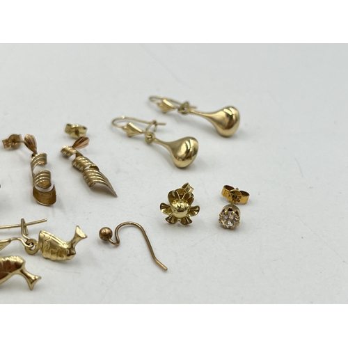 2022 - A collection of 9ct and yellow metal earrings to include 9ct gold pink gemstone earrings, yellow met... 