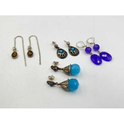 2024 - Four pairs of .925 silver drop earrings to include Baltic amber, turquoise etc. - approx. gross weig... 