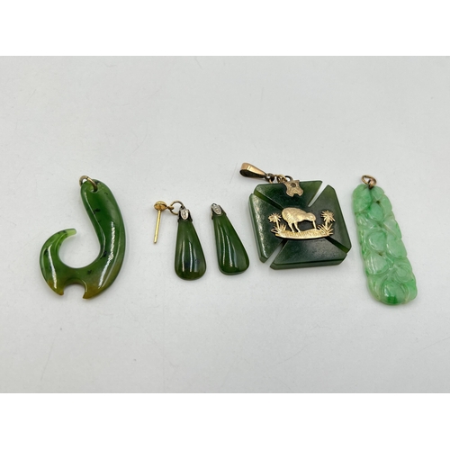 2027 - Four pieces of jade and nephrite jewellery, three pendants and one pair of earrings