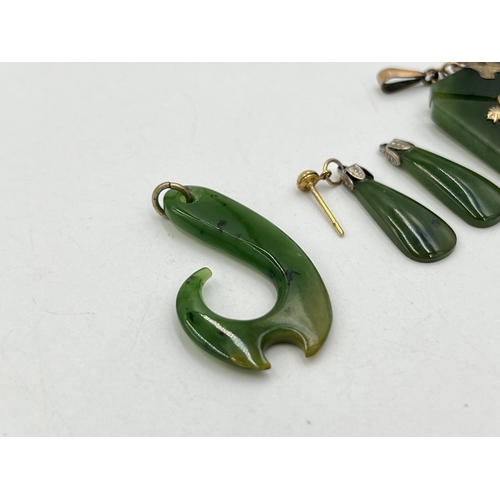 2027 - Four pieces of jade and nephrite jewellery, three pendants and one pair of earrings