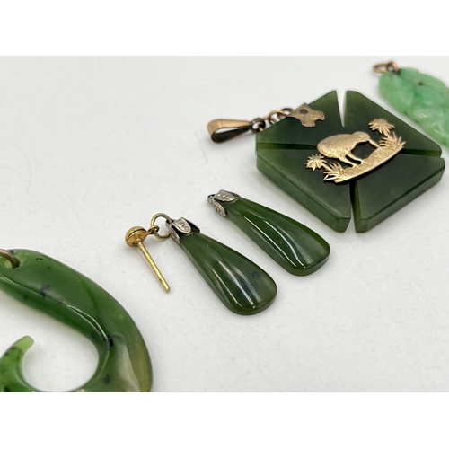 2027 - Four pieces of jade and nephrite jewellery, three pendants and one pair of earrings