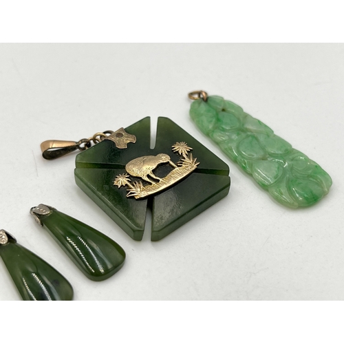 2027 - Four pieces of jade and nephrite jewellery, three pendants and one pair of earrings