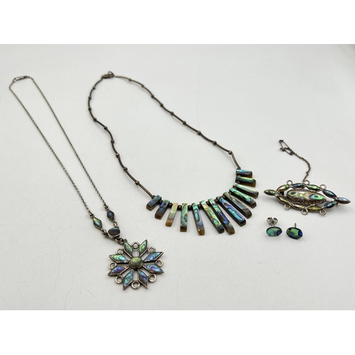 2032 - Four pieces of .925 silver and white metal abalone shell jewellery, two necklaces, one brooch and on... 