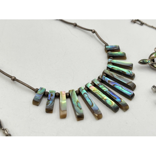 2032 - Four pieces of .925 silver and white metal abalone shell jewellery, two necklaces, one brooch and on... 