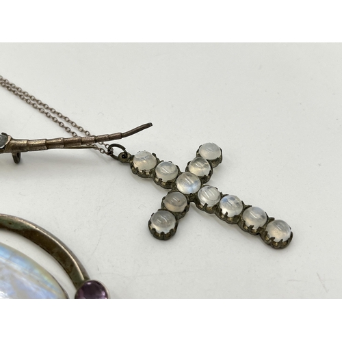 2034 - Five pieces of .925 silver and white metal moonstone jewellery to include white metal cross pendant ... 