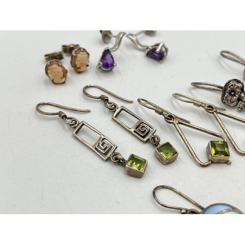 2035 - Seven pairs of .925 silver drop earrings to include amethyst, pearl, peridot etc. - approx. gross we... 