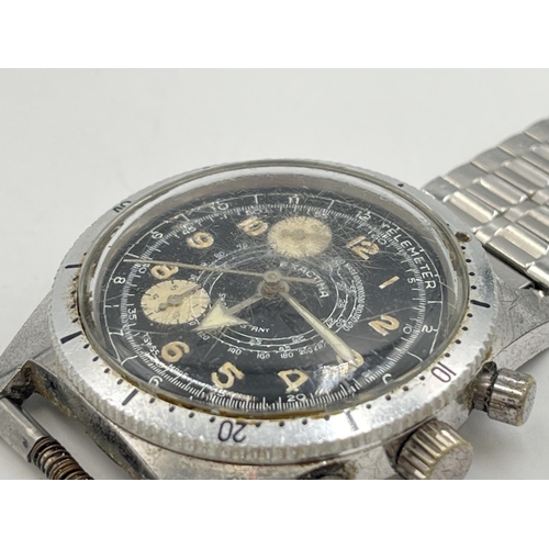 2038 - A mid 20th century Exactima Telemeter manual wind chronograph men's wristwatch