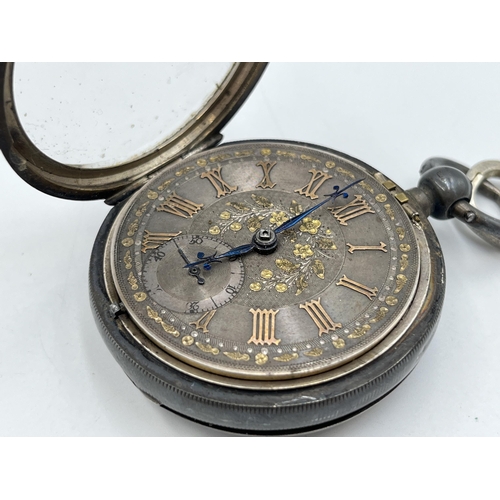 2042 - A Victorian hallmarked Chester silver cased key wind open face pocket watch, dated 1895 - approx. gr... 