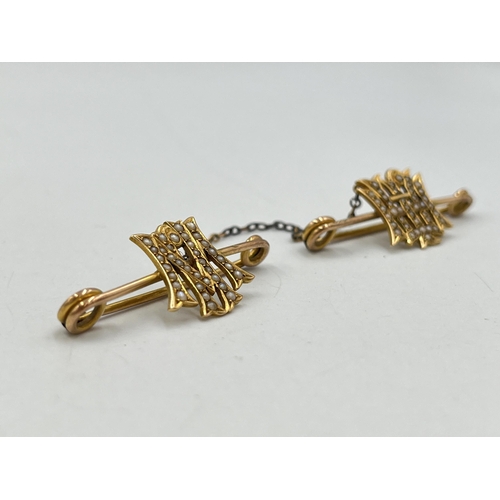 2052 - Two late 19th/early 20th century 15ct gold and seed pearl initial monogram pin brooches - approx. gr... 